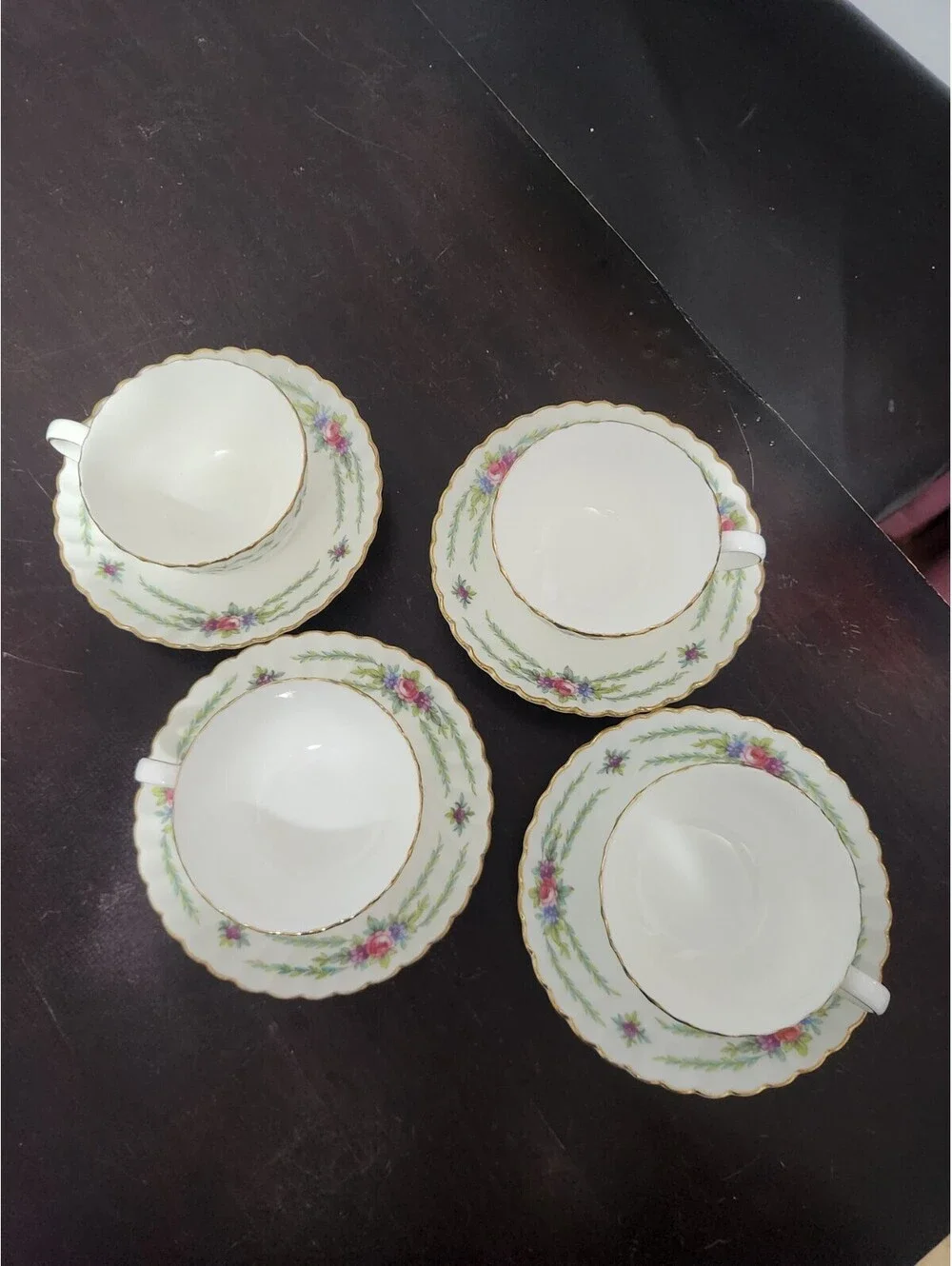 Mintons Chiltern Set Of 4 Floral Painted Porcelain Cup & Saucer Set, White/Gold